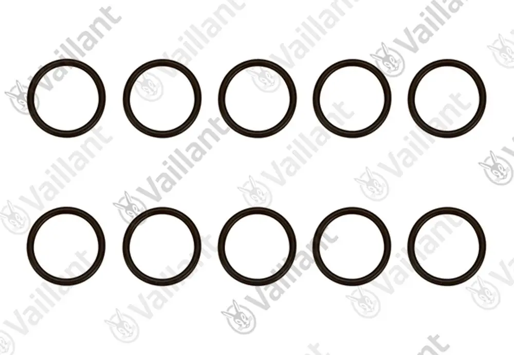 Zehn O-Ringe in schwarzer Farbe, angeordnet in zwei Reihen, mit dem Logo der Marke Vaillant im Hintergrund.